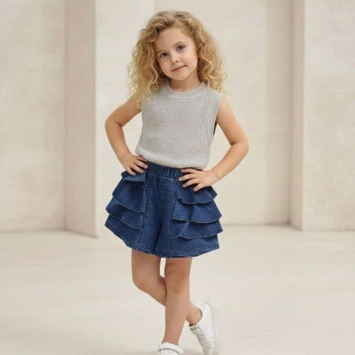 Denim Ruffle Girls Skirt Set