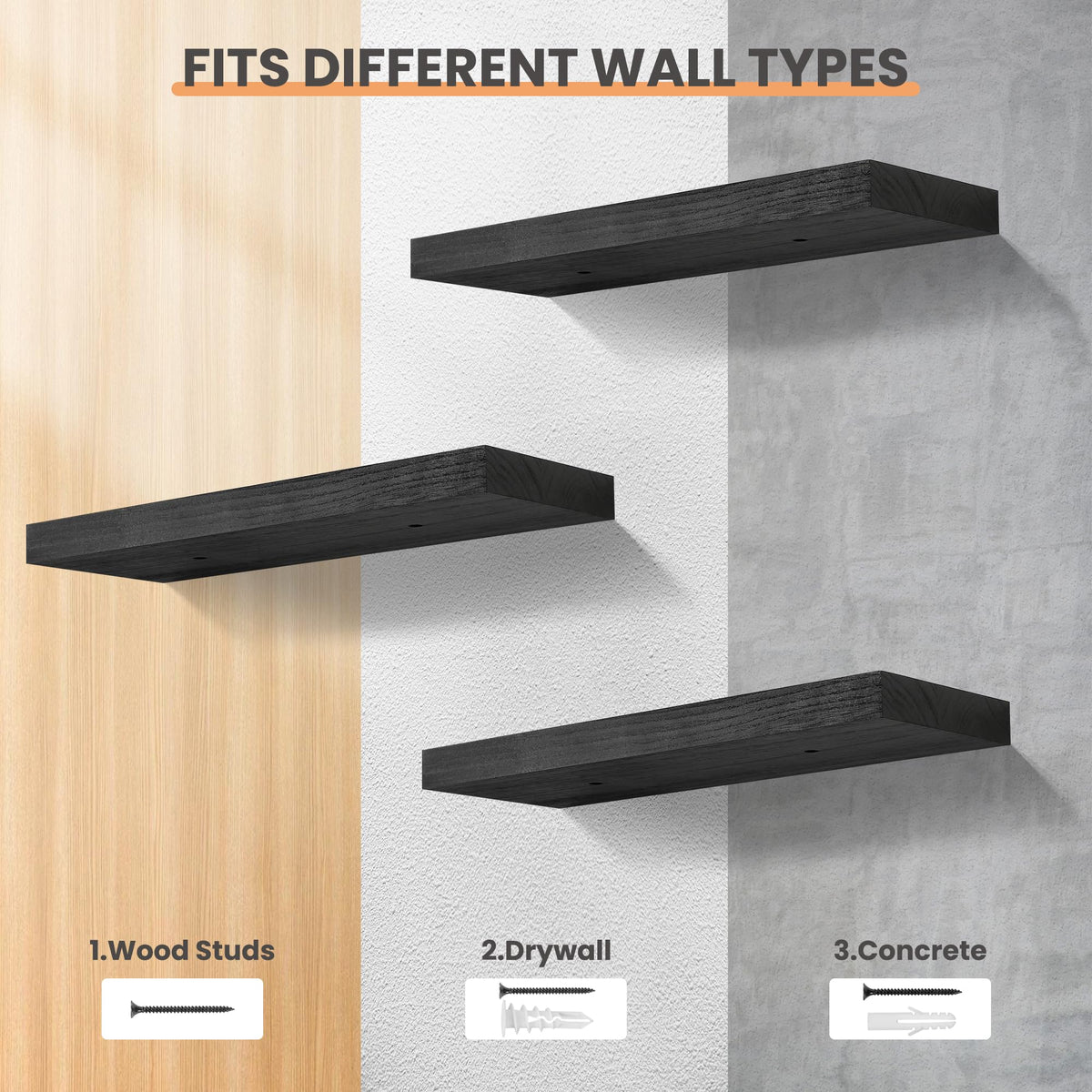 upsimples 16.5" L Black Wooden Floating Shelves with Invisible Brackets, Wall Mounted Modern Wood Shelves Set of 3, for Bathroom Bedroom š All In One Marketplace Canada