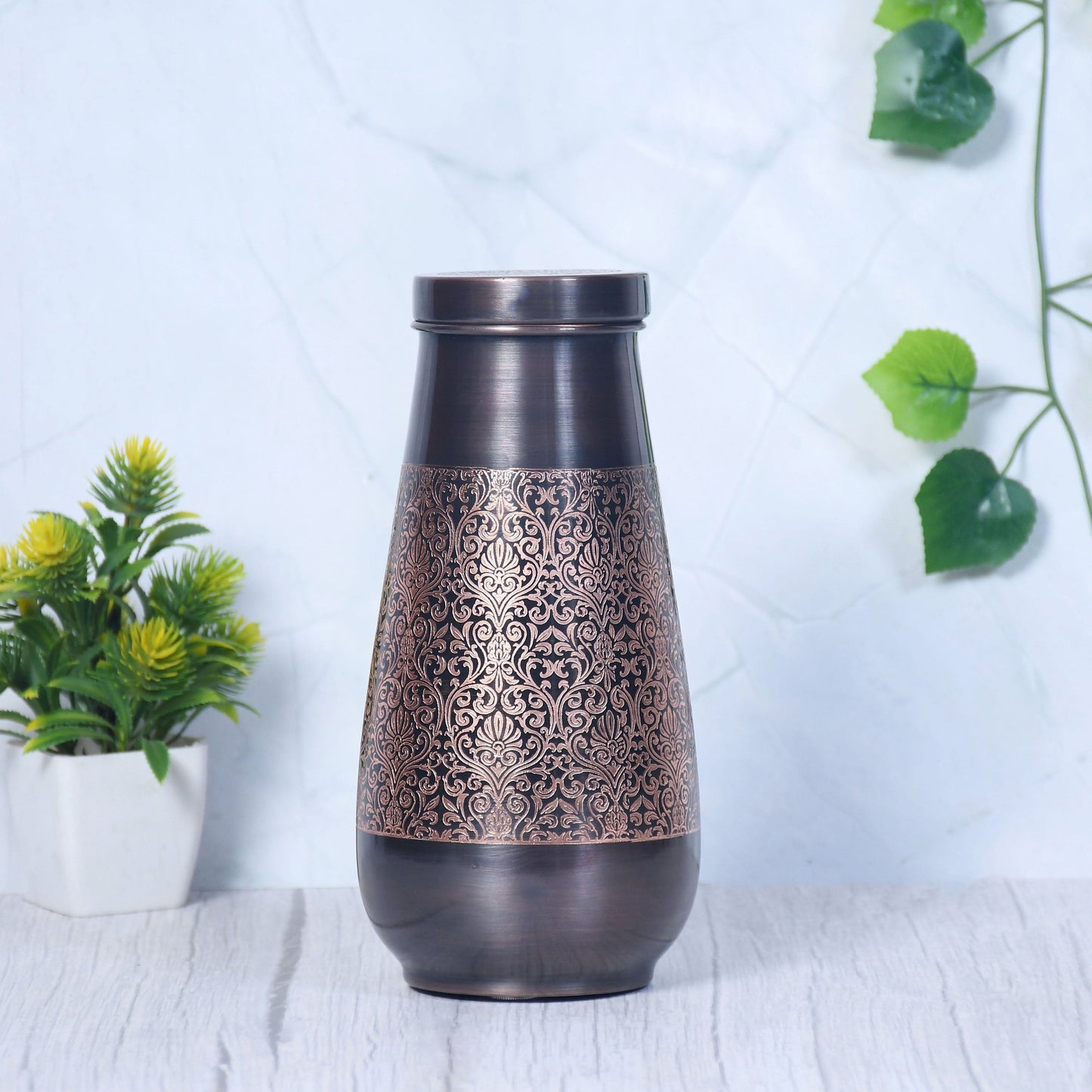 Pure Copper Tulip Jar Antique Engraved Small with In-Built Glass