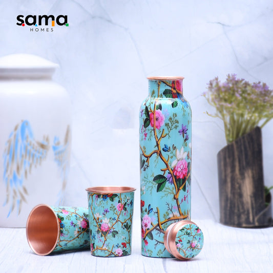 Exclusive Pink Rose Designed Pure Copper Bottle with 2 Glasses Set of