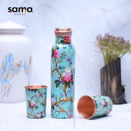 Exclusive Pink Rose Designed Pure Copper Bottle with 2 Glasses Set of
