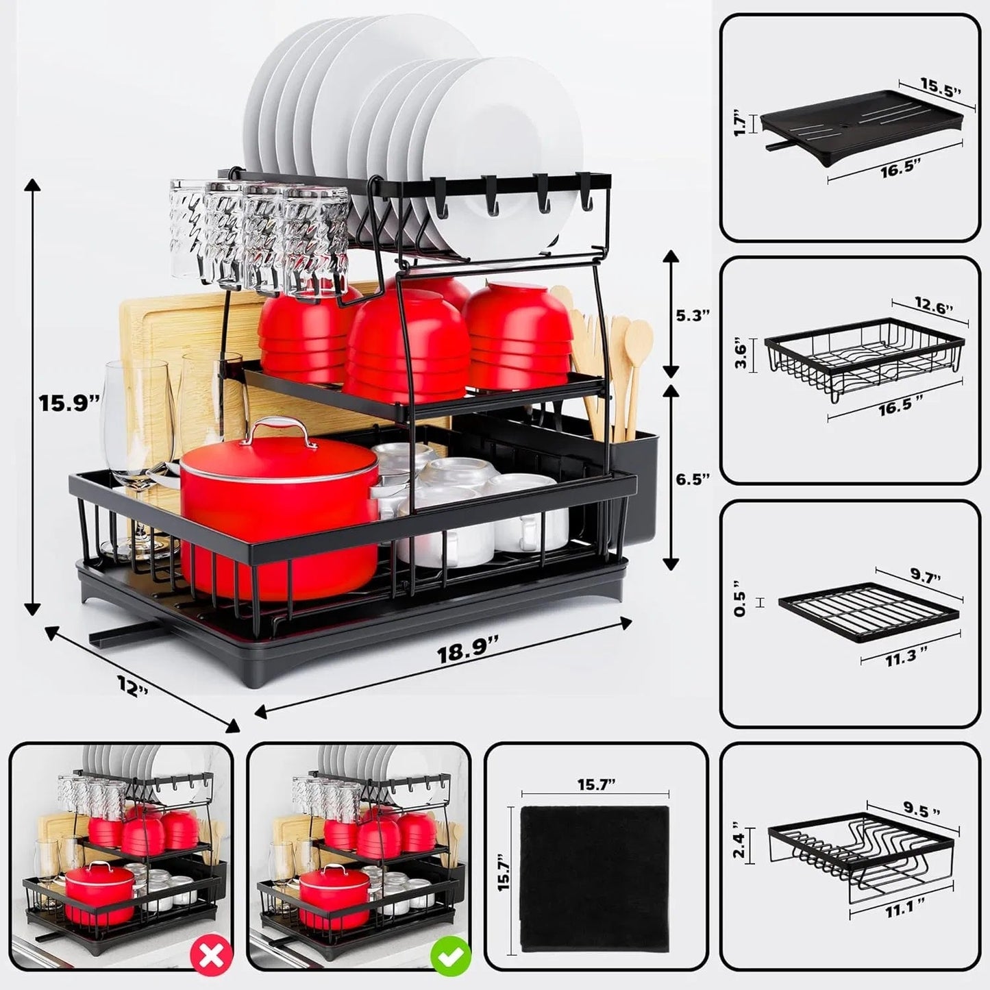 3 Tier Dish Racks For Kitchen Counter - Automatic Drainage Large Dish
