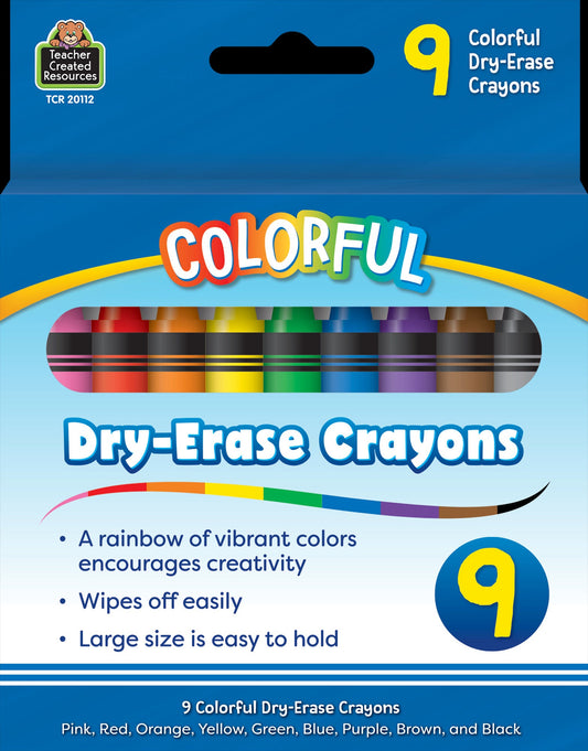 Teacher Created Resources - Colorful Dry-Erase Crayons, 9 Vibrant Colors for Creative Learning - Ages 3+